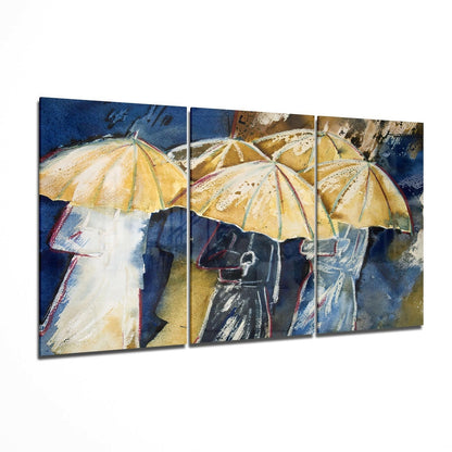 Yellow Umbrellas In Blue Rain Glass Wall Art