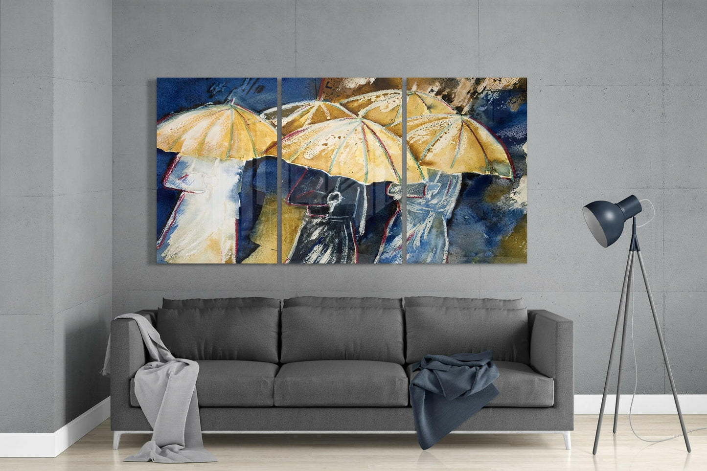 Yellow Umbrellas In Blue Rain Glass Wall Art