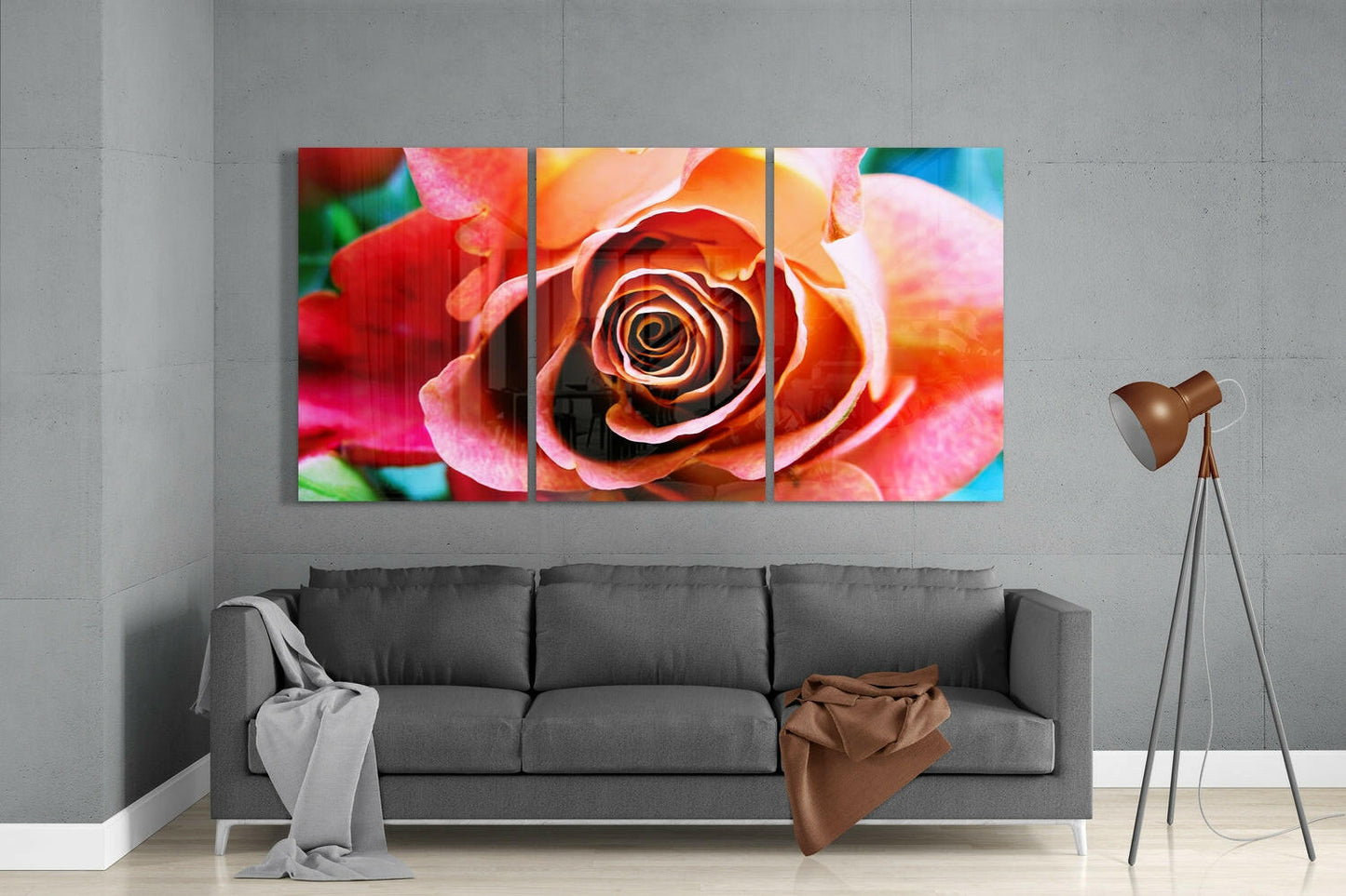 Coral Rose Bloom Triptych Glass Wall Art