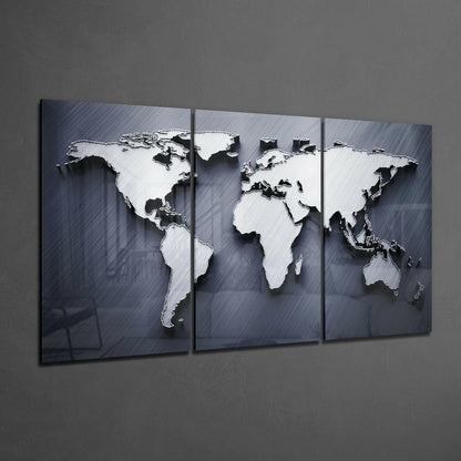 Metallic Silver 3D World Map Glass Wall Art
