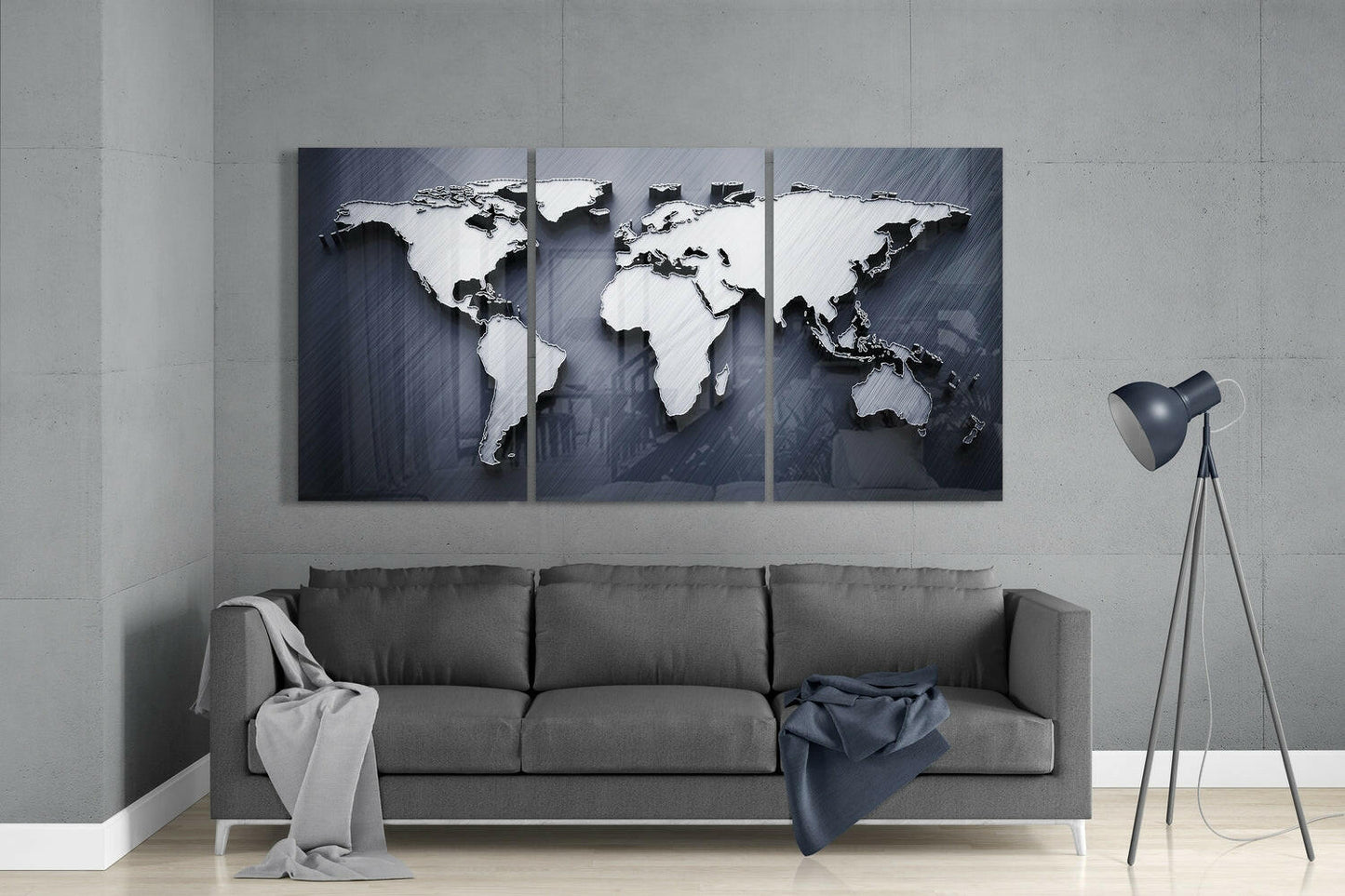 Metallic Silver 3D World Map Glass Wall Art