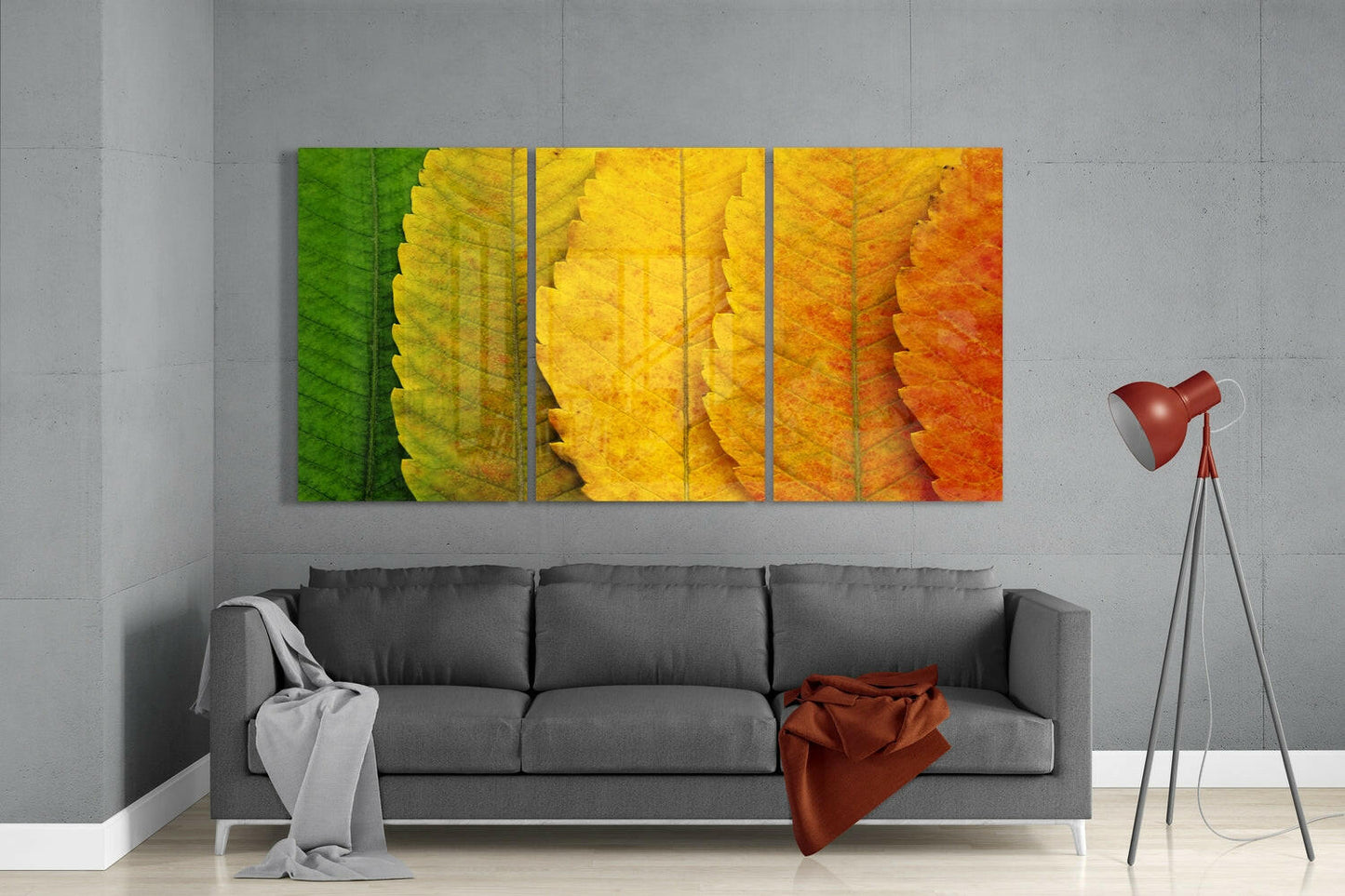 Green To Orange Leaf Gradient Glass Wall Art