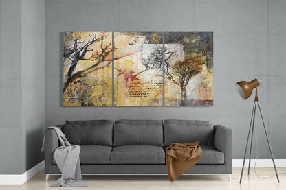 Vintage Script Collage Bare Trees Glass Wall Art
