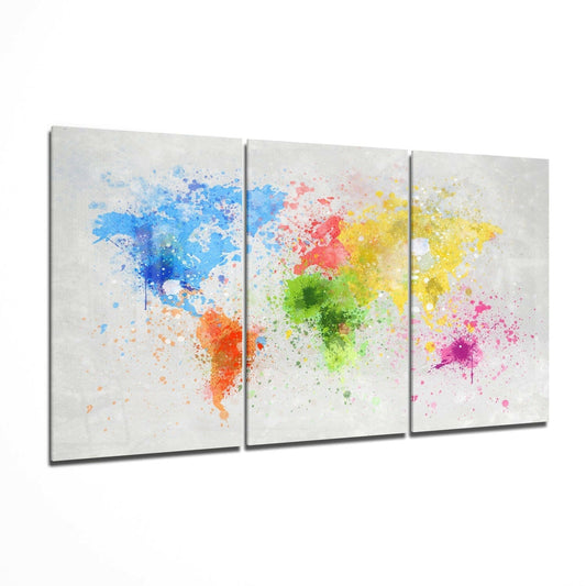 Three-panel glass wall art displaying a watercolor world map in blue, red, orange, yellow, green, and pink paint splatter on beige background.