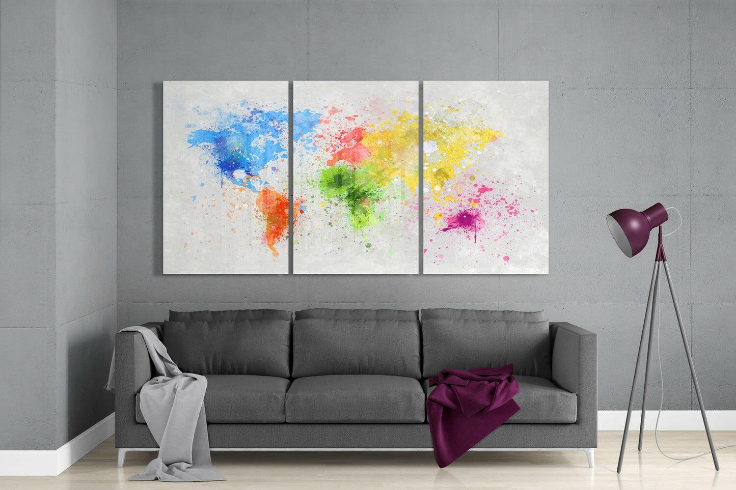 Watercolor Splatter World Map Glass Wall Art