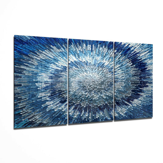 Three-panel blue glass wall art with radiating white and light blue streaks creating a burst effect from center outward.