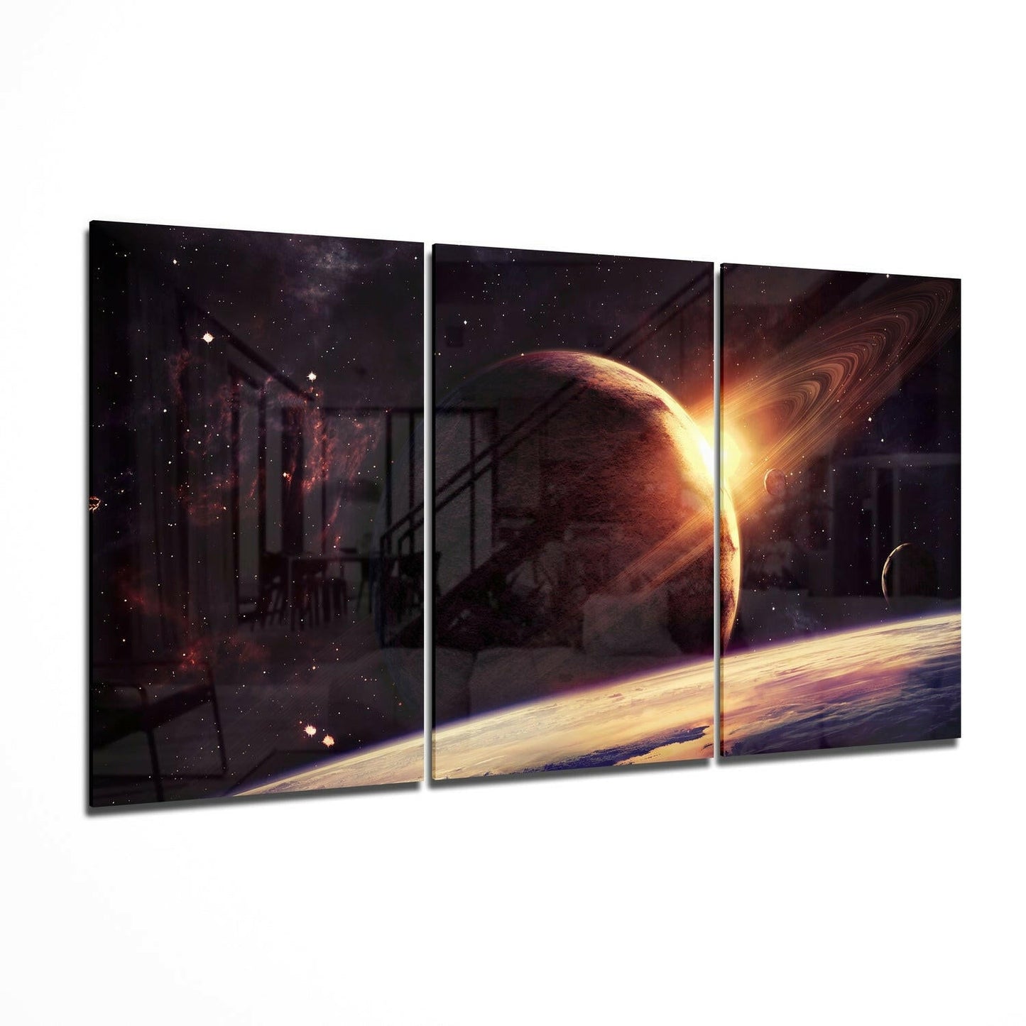 Sunrise Behind Ringed Planet Triptych Glass Wall Art