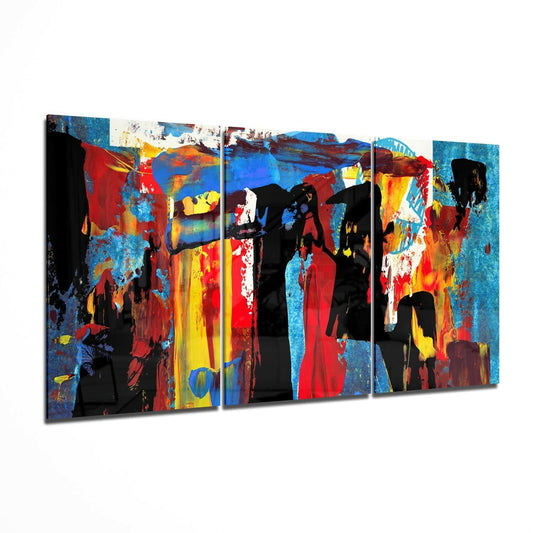 Five-panel glass wall art displaying colorful abstract silhouettes with vibrant reds, blues, yellows, and black figures on textured backgrounds.