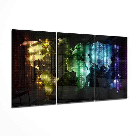 Three-panel glass wall art displaying pixelated world maps in glowing neon yellow, green, and blue dots on dark backgrounds.