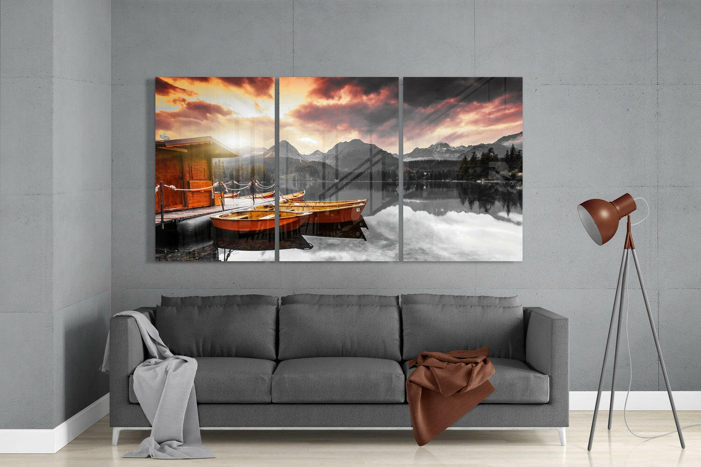 Sunset Mountain Lake Boats Glass Wall Art