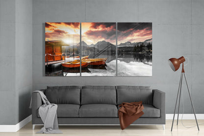 Sunset Mountain Lake Boats Glass Wall Art