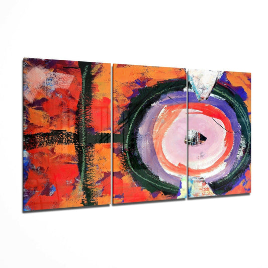 Three-panel abstract glass wall art displaying vibrant reds, oranges, and blues with circular and linear brushstroke designs.