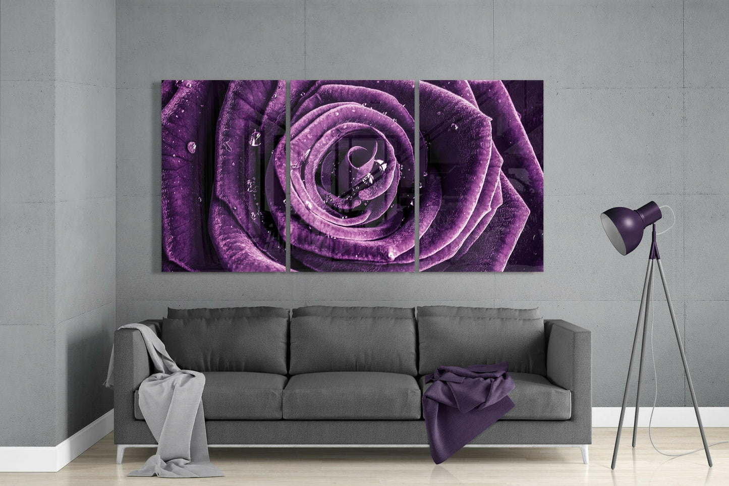 Dewdrop Purple Rose Triptych Glass Wall Art