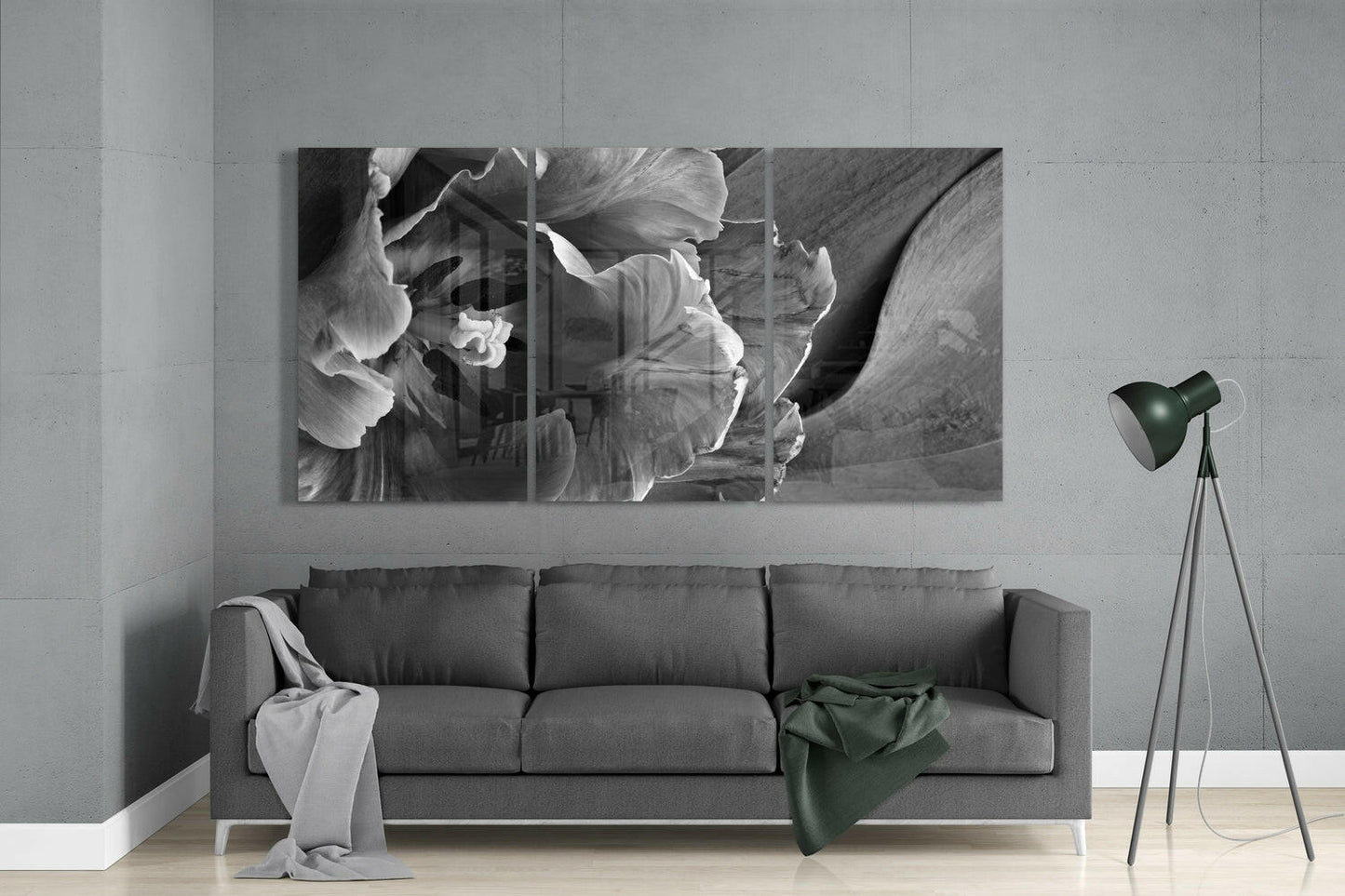 Gray Tulip Petals Triptych Glass Wall Art