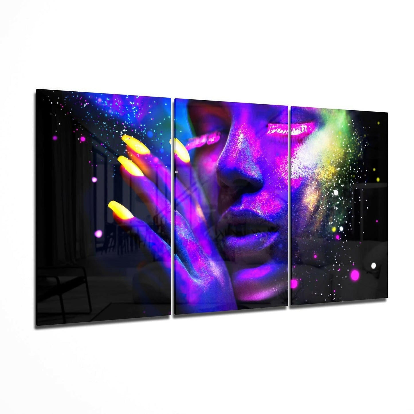 Three Panel Neon Glow Nails Woman Glass Wall Art