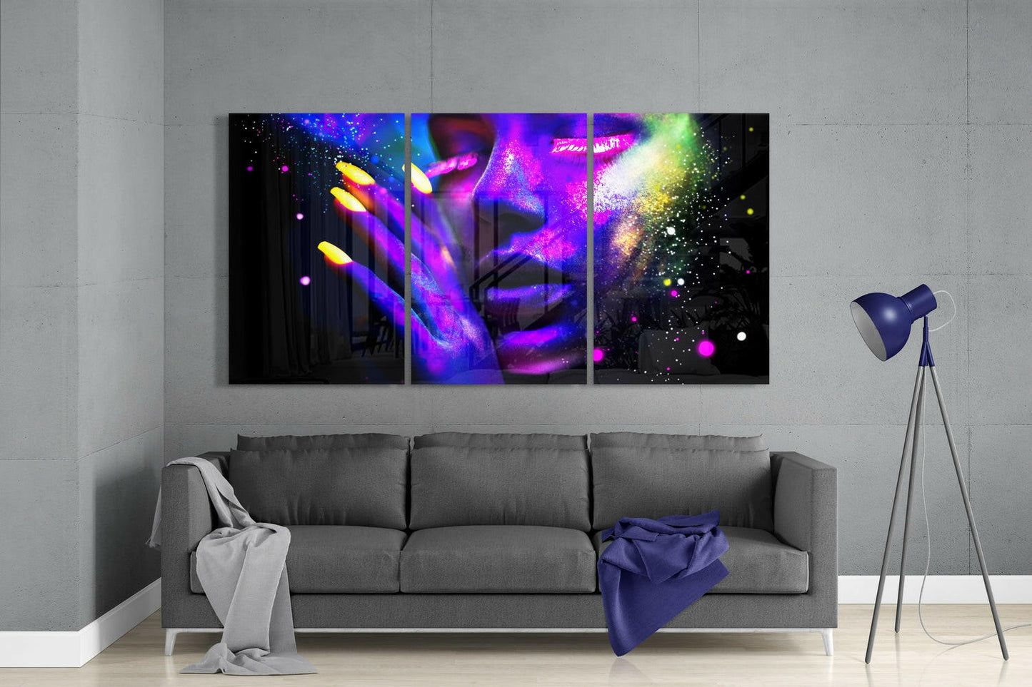 Three Panel Neon Glow Nails Woman Glass Wall Art