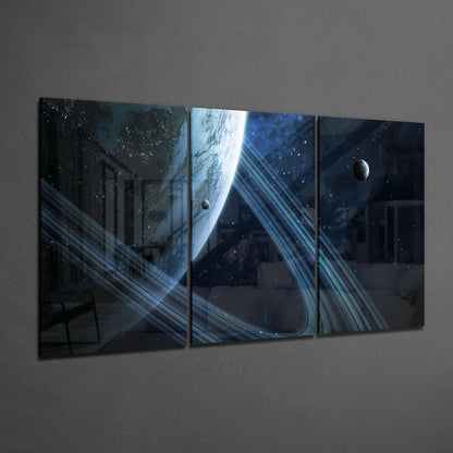 Triptych Blue Ringed Planet and Moons Glass Wall Art