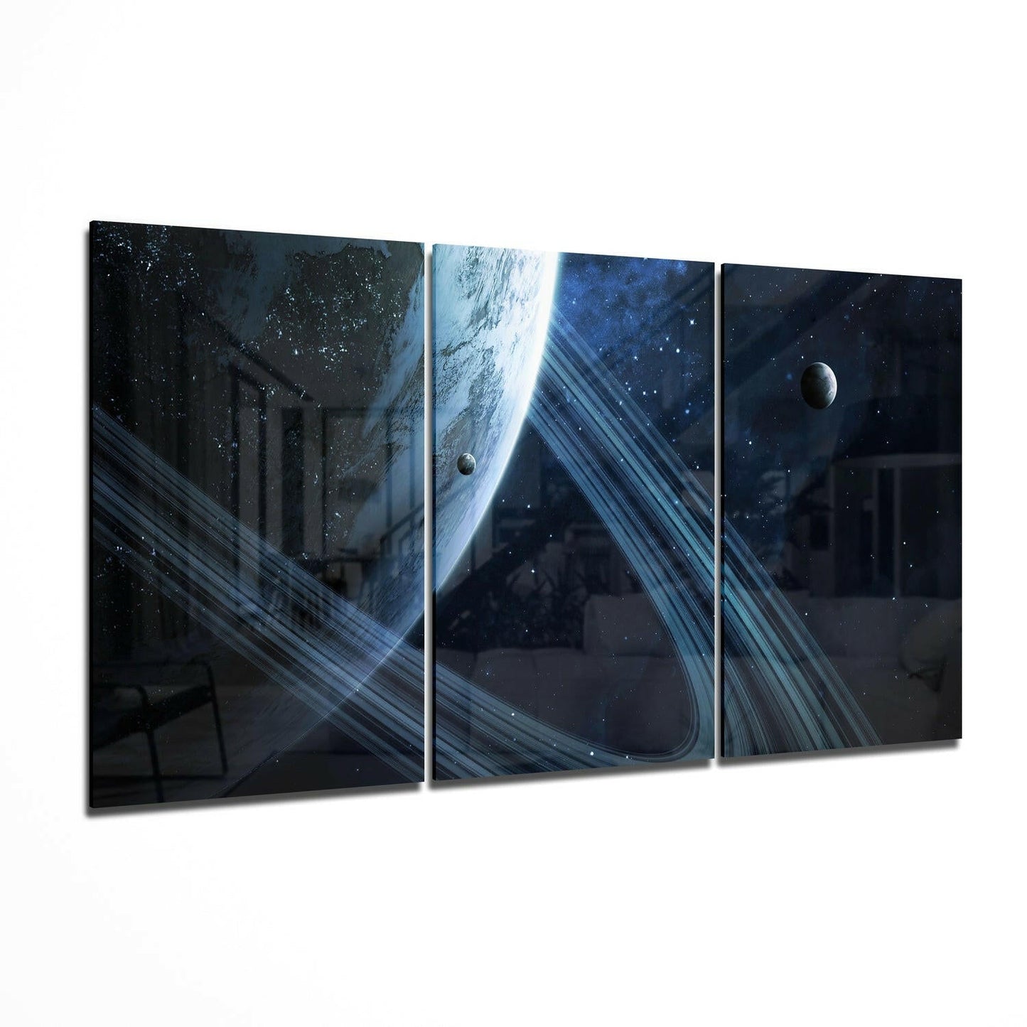 Triptych Blue Ringed Planet and Moons Glass Wall Art