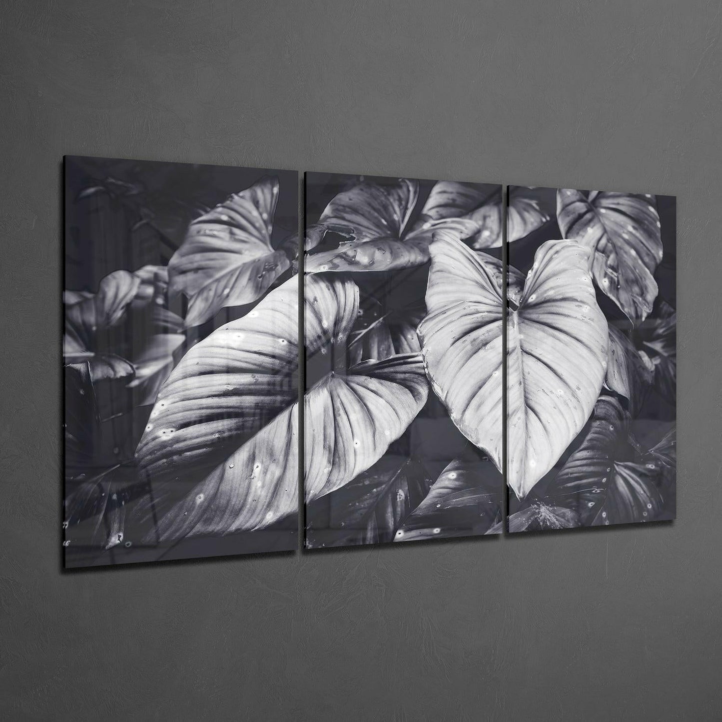 Black White Tropical Leaves Glass Wall Art