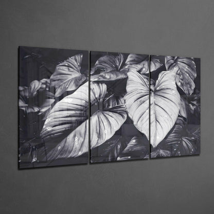 Black White Tropical Leaves Glass Wall Art