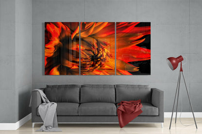 Fiery Orange Dahlia Triptych Glass Wall Art