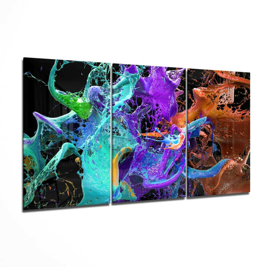 Three-panel glass wall art displaying vibrant cyan, purple, and orange fluid abstract forms against black backgrounds.