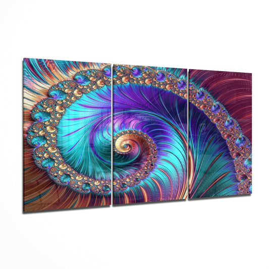 Three-panel glass art display featuring vibrant spiraling peacock design in turquoise, purple, gold, and red tones.