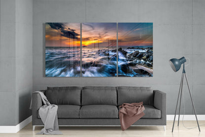Rocky Coast Dusk Long Exposure Glass Wall Art
