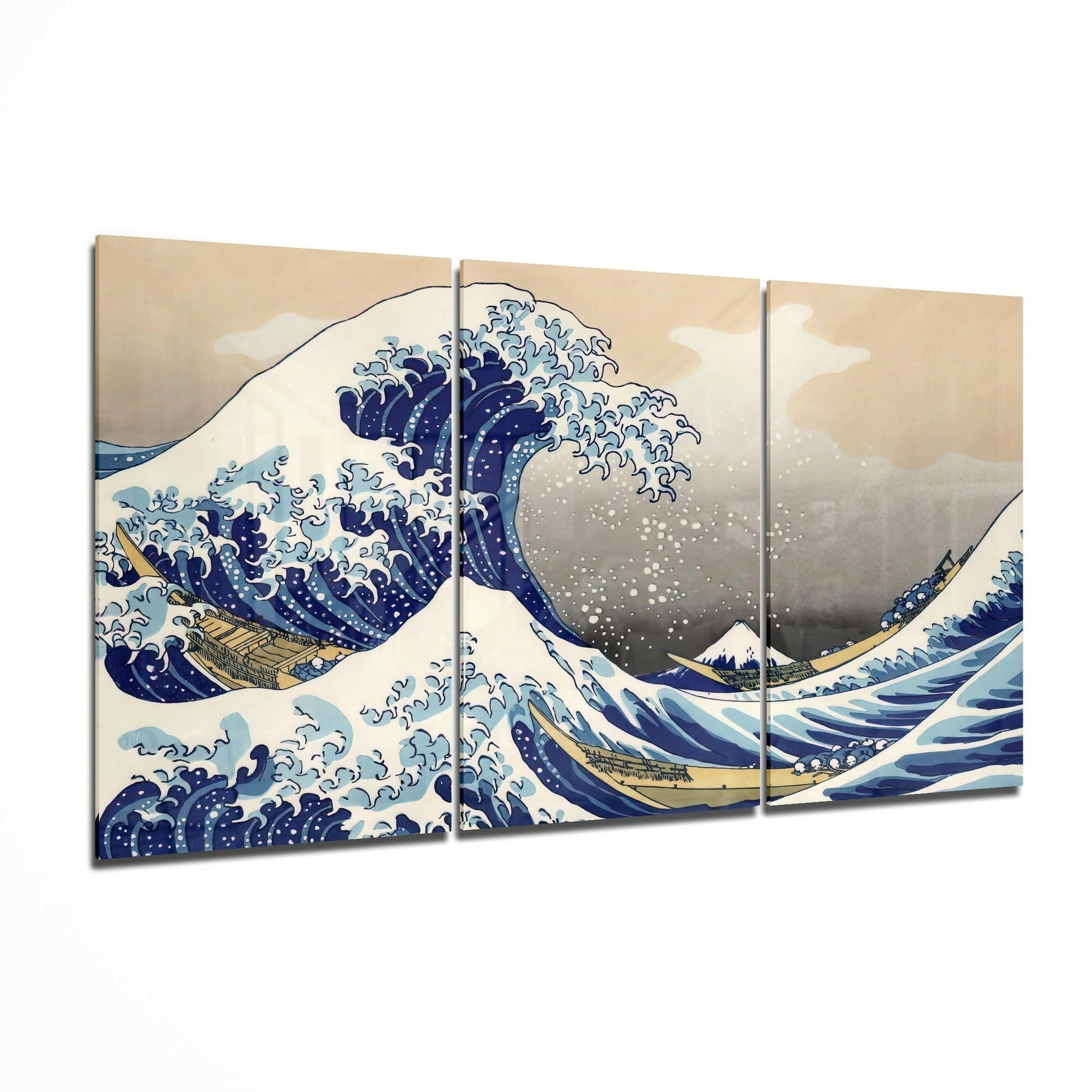 Three-panel glass art displaying Hokusai's Great Wave with deep blue waves, cream sky, and Mount Fuji in background, shown at angle to reveal depth and reflection.
