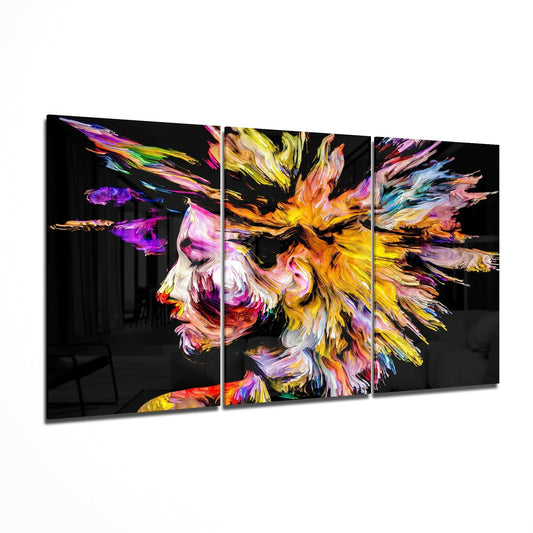 Three-panel glass art displaying an abstract colorful profile with vibrant yellow, pink, purple, and blue brushstrokes on black background.