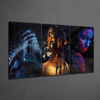 Neon Body Paint Portrait Trio Glass Wall Art