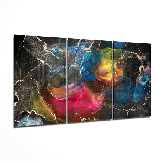 Three-panel glass art displaying vibrant swirling colors—blues, pinks, yellows, and golds—with metallic gold accents on dark background.