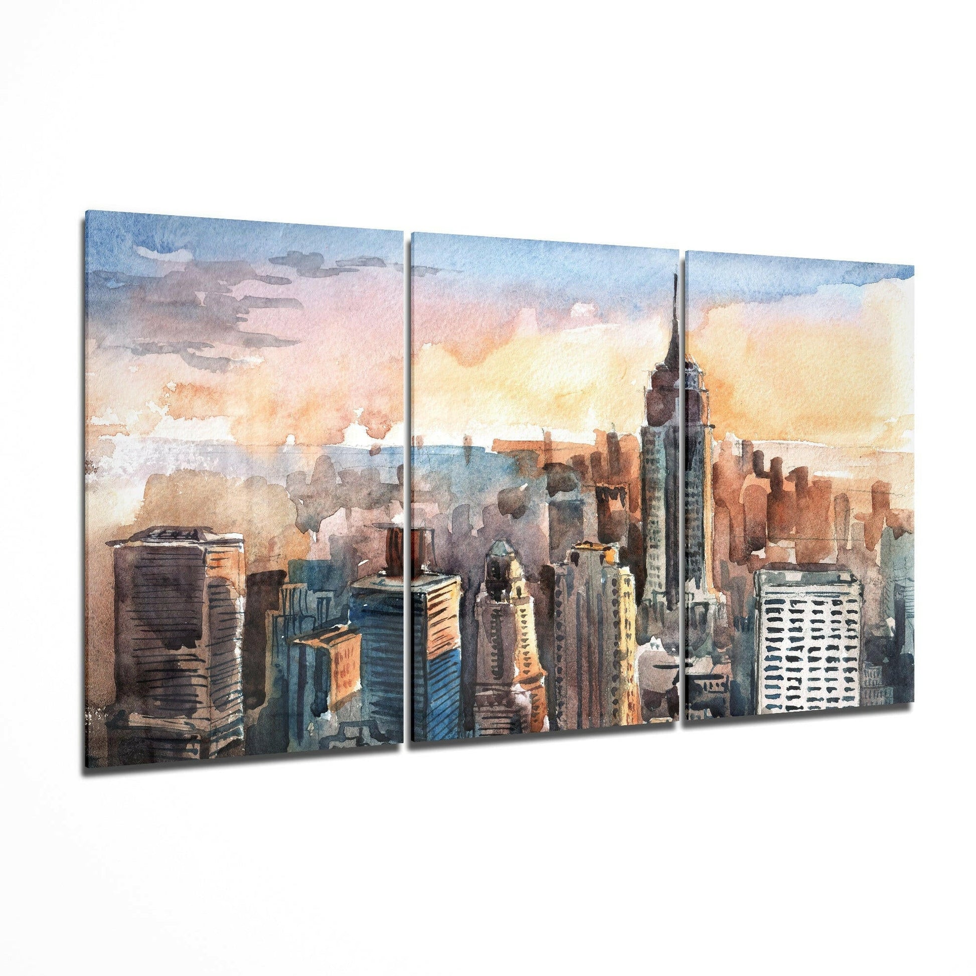 Watercolor painting of Manhattan skyline at sunset split across three glass panels, featuring warm golden and blue tones with iconic skyscrapers.