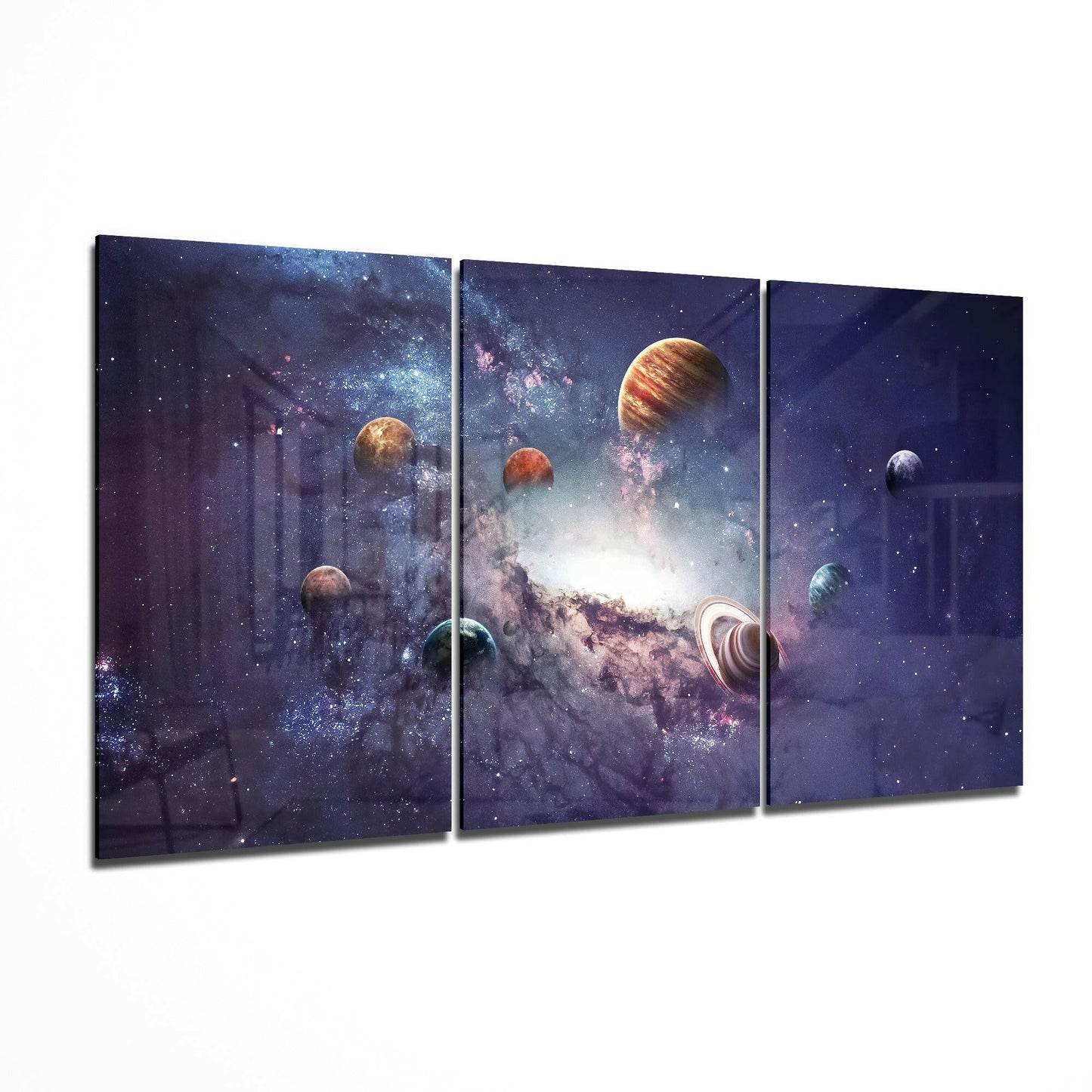 Three-panel glass art triptych displaying planets and the Milky Way galaxy against a deep purple and blue starry background.