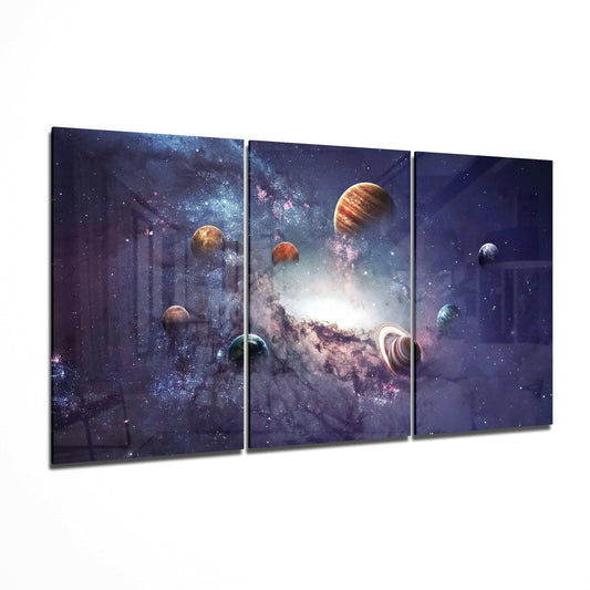 Three-panel glass art triptych displaying planets and the Milky Way galaxy against a deep purple and blue starry background.