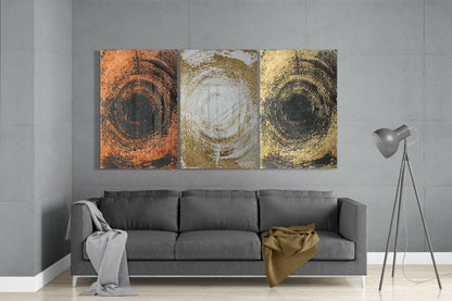Copper Silver Gold Swirl Circles Trio Glass Art