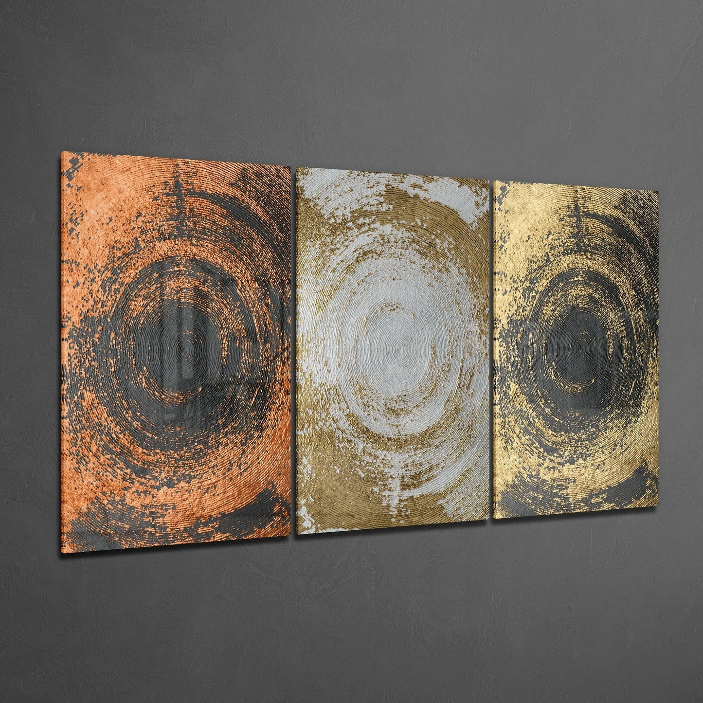 Copper Silver Gold Swirl Circles Trio Glass Art