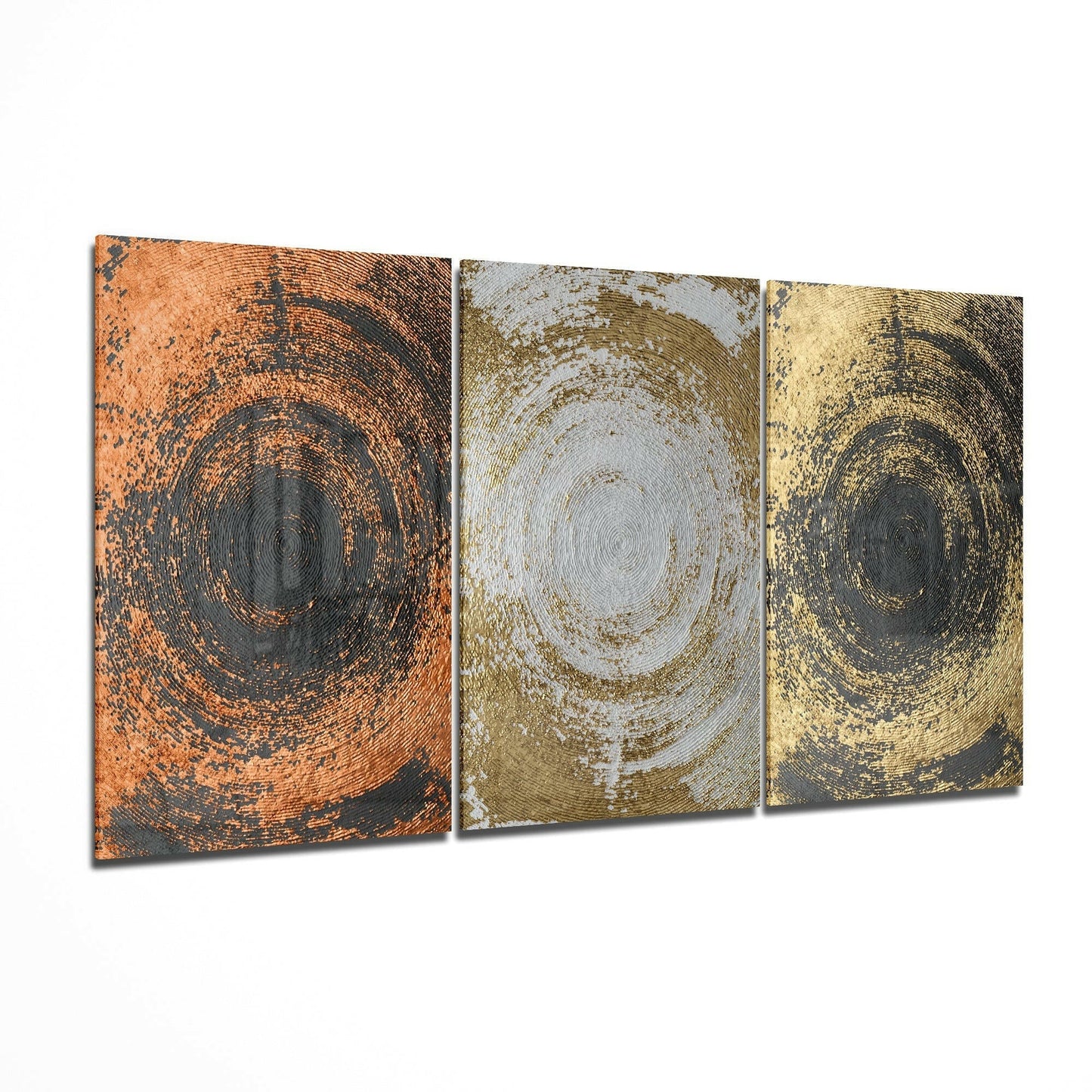 Copper Silver Gold Swirl Circles Trio Glass Art