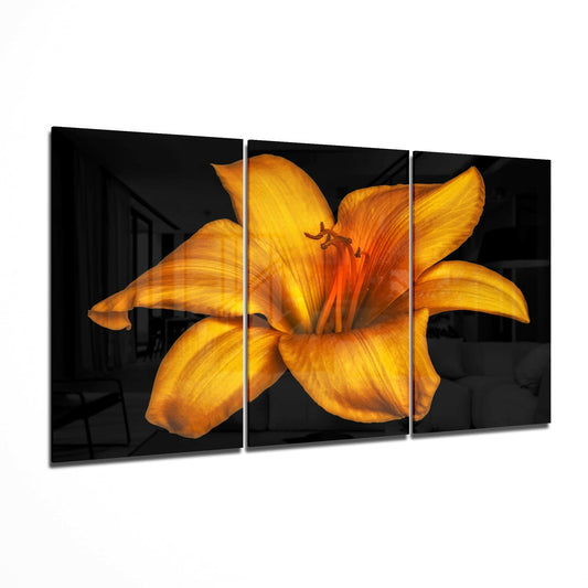 Three-panel glass art displaying a vibrant orange lily flower against a black background with visible interior room reflection.