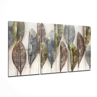 Multi-panel glass art displaying stylized leaves in brown, gold, and gray tones against white background.
