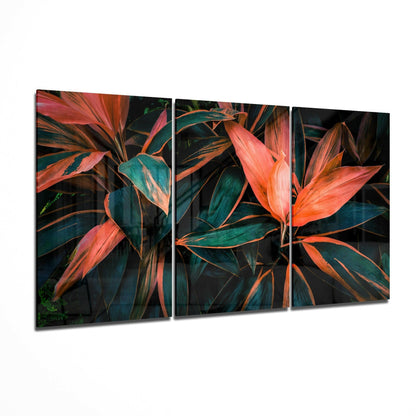 Three-panel triptych glass art displaying vibrant red-orange cordyline leaves with deep teal-green striping against dark background.