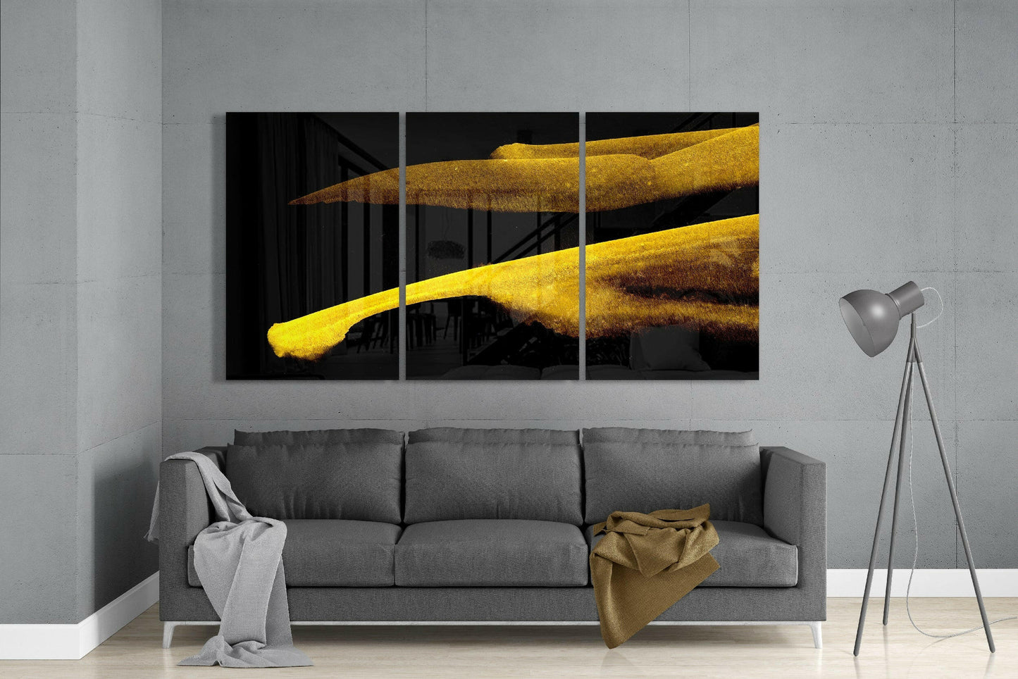 Crossing Gold Brushstrokes on Black Glass Art