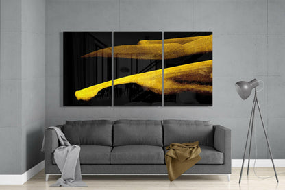 Crossing Gold Brushstrokes on Black Glass Art