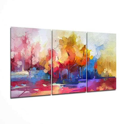 Three-panel glass art displaying abstract forest landscape with vibrant pink, yellow, orange, and blue brushstrokes.