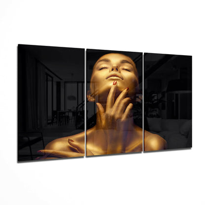 Golden Skin Woman Red Nails Glass Wall Art