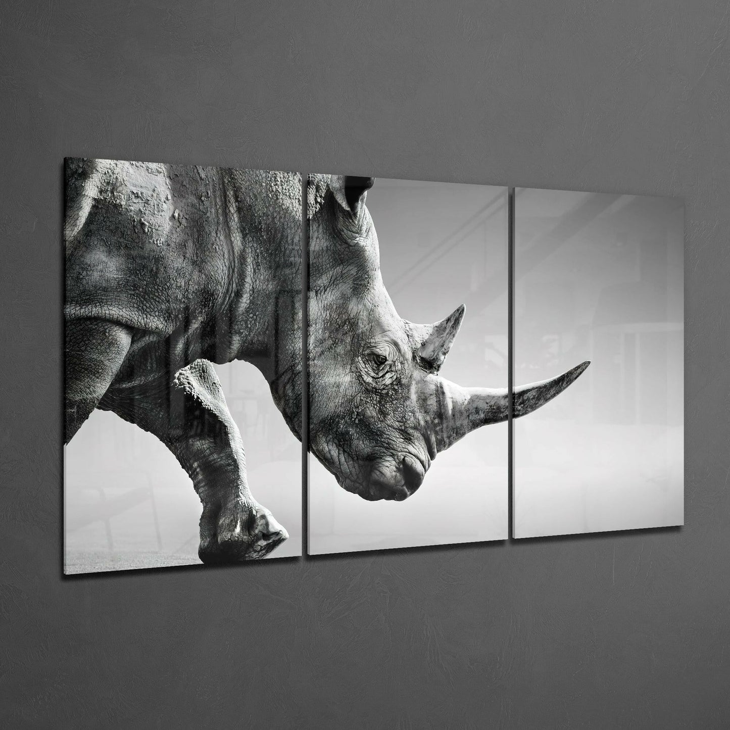 Three-panel black and white rhino glass art displaying a close-up profile of a rhino's head and horn against a light sky background.