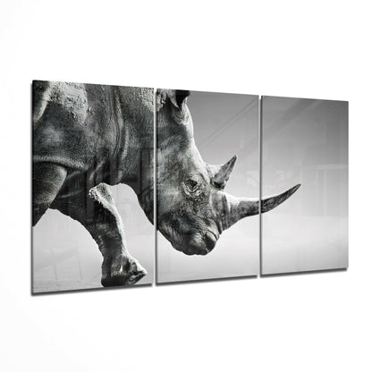Three-panel black and white glass art displaying a close-up profile of a rhinoceros with prominent horn against a light sky.