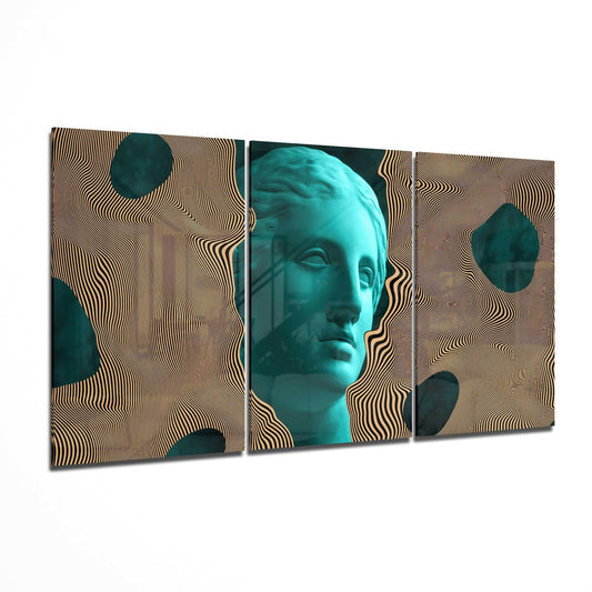 Three-panel glass wall art displaying a turquoise classical bust centered between wavy tan and black line patterns with dark teal circular cutouts.