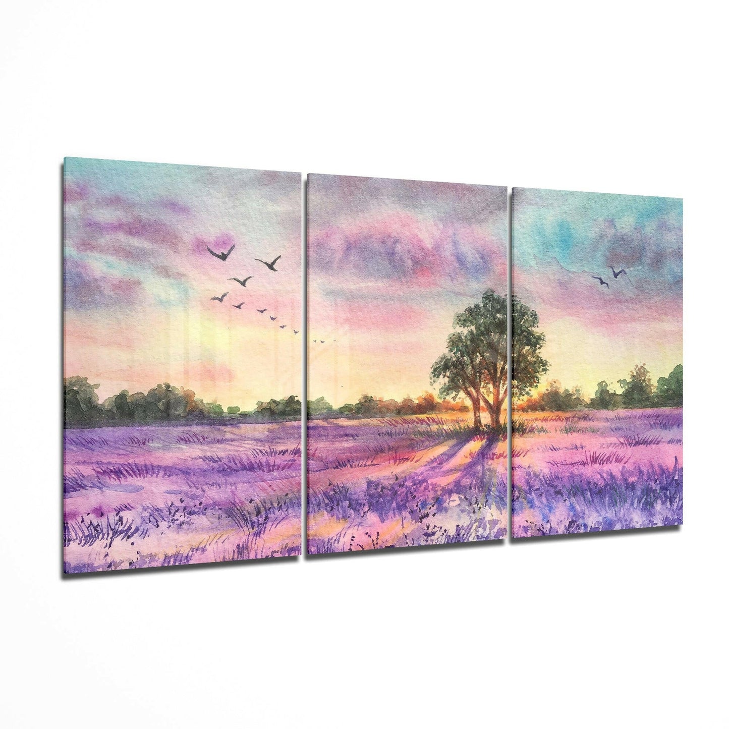 Three-panel glass art depicting a lavender field at sunset with a solitary tree, flying birds, and purple, pink, and golden sky tones.