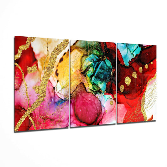Three-panel glass art display featuring vibrant red, pink, and blue abstract watercolor with gold leaf accents and decorative gold dots.